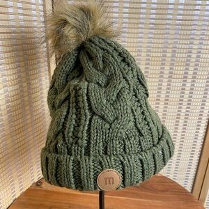 M&M'S Olive Green Cable Knit Beanie With Faux Fur Pom Pom
